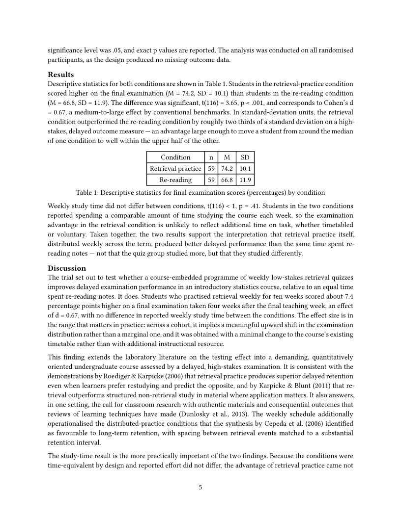 Journal article, page 5: Priya Raman and Daniel Okafor's article on retrieval practice in a statistics course, University of Leeds