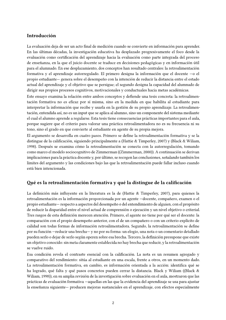 Ensayo académico, page 2: Sofía Navarro's essay on formative feedback and self-regulated learning, Complutense University of Madrid